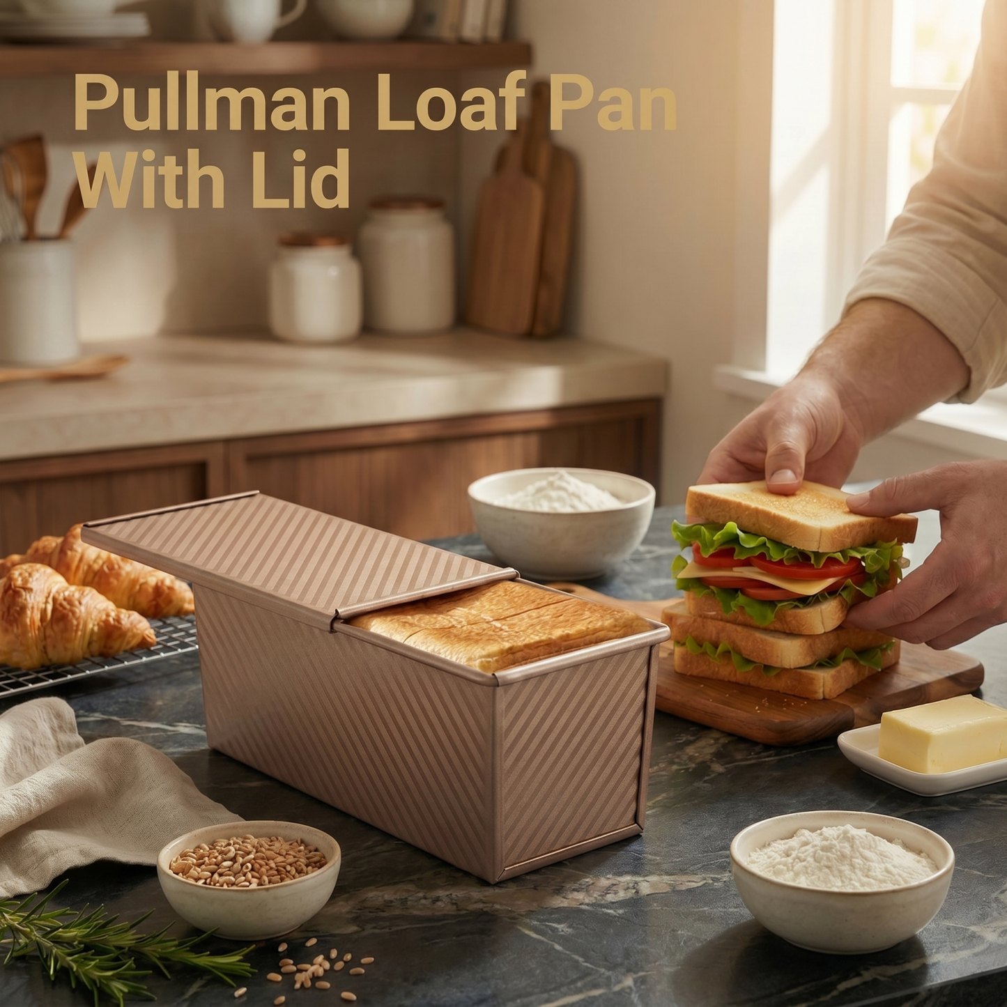 3-Pack Pullman Loaf Pans with Lids – 2.2/1/0.8lb Carbon Steel, Nonstick, Includes 7 Tools