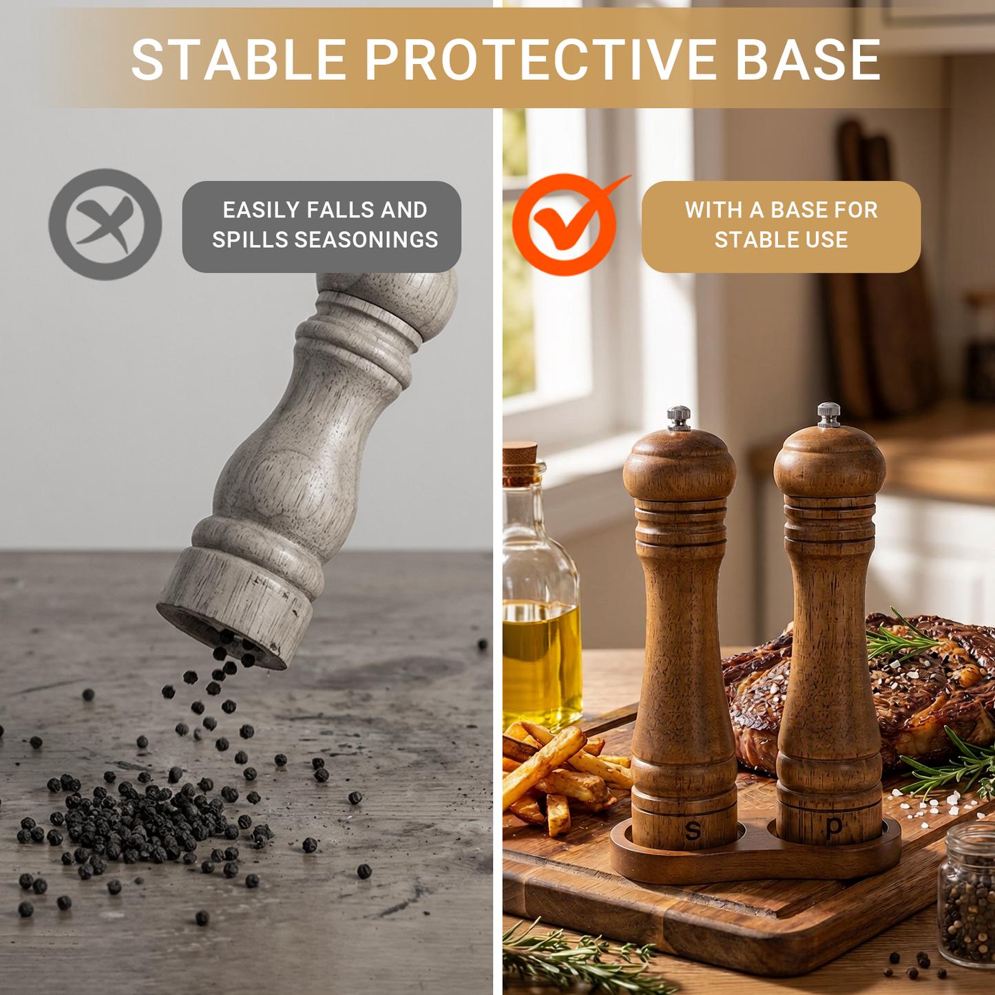 Wooden Salt and Pepper Grinder Set, Refillable Salt & Pepper Mill with Tray & Spoons, Adjustable Rubber Wood Salt & Pepper Shakers Holder with Ceramic Grinder