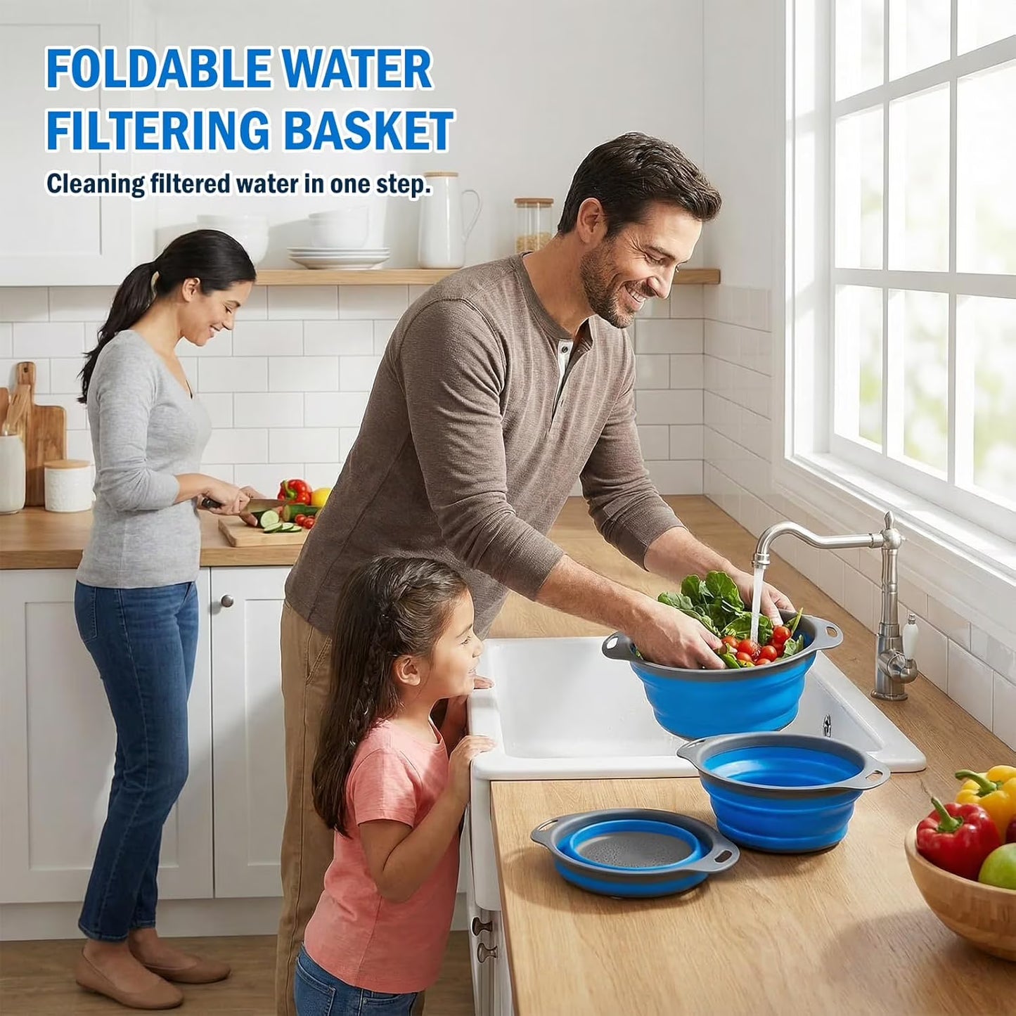 3 Pack Collapsible Colander Set, Silicone Kitchen Strainers for Pasta, Vegetables & Fruit, Space Saving Folding Colanders, Durable & Dishwasher Safe