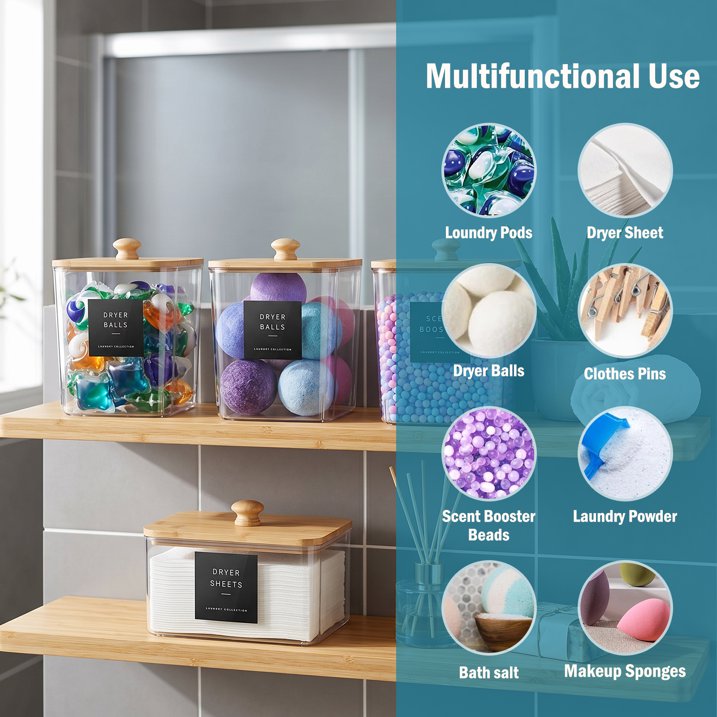 4-Pack Clear Laundry Pods Container Set for Laundry Room Organization, Laundry Powder Container and Laundry Detergent Dispenser with Wooden Lids, Labels and Scoops