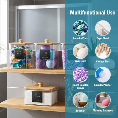 4-Pack Clear Laundry Pods Container Set for Laundry Room Organization, Laundry Powder Container and Laundry Detergent Dispenser with Wooden Lids, Labels and Scoops