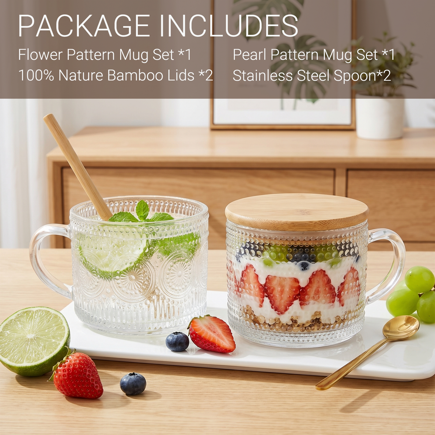4 Packs Vintage Coffee Mugs, 14oz Embossed Glass Cups, Overnight Oats Containers with Lids, Vintage Mugs Set, Coffee Bar Accessories