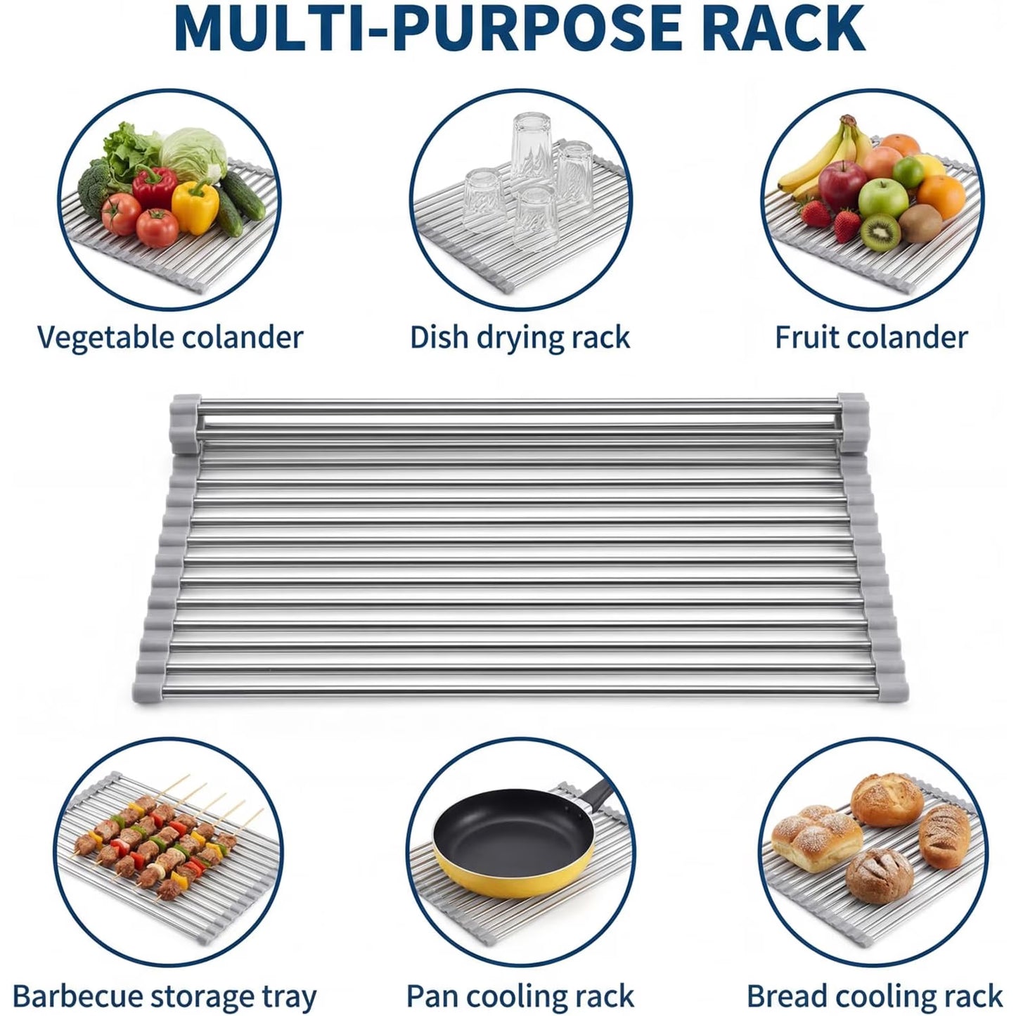 1 Pack 18.5" x 15.7" Roll-Up Dish Drying Rack, Over-Sink Foldable Kitchen Sink Rack, Anti-Slip Multipurpose Stainless Steel Drying Rack for Plates, Pots & Utensils, Gray