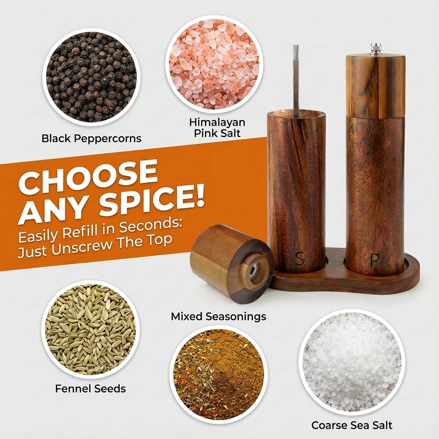 Wooden Salt and Pepper Grinder Set, Refillable Salt & Pepper Mill with Tray & Spoons, Adjustable Rubber Wood Salt & Pepper Shakers Holder with Ceramic Grinder
