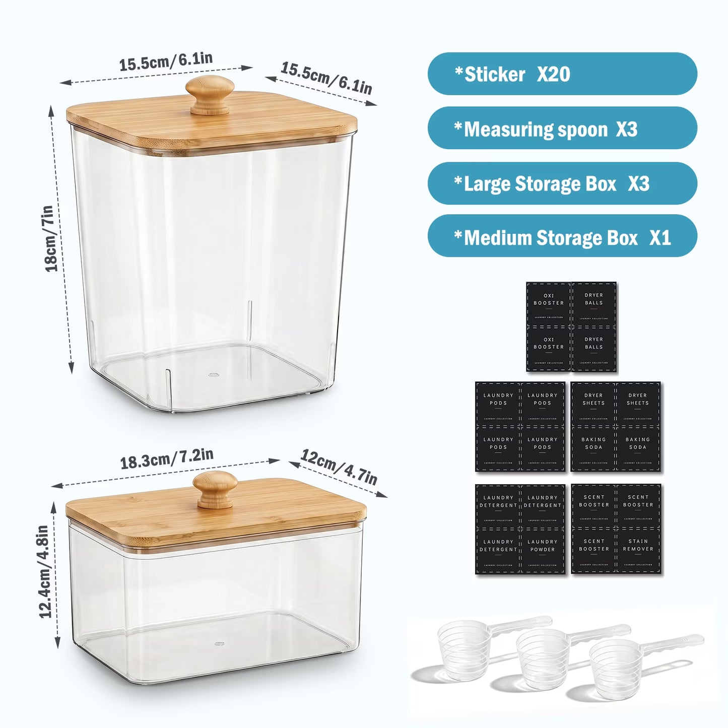 4-Pack Clear Laundry Pods Container Set for Laundry Room Organization, Laundry Powder Container and Laundry Detergent Dispenser with Wooden Lids, Labels and Scoops