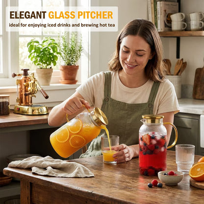 2 Pack Glass Water Pitcher with Lid, 68 oz (2 Liter) Borosilicate Glass Pitcher with Spout, Large Glass Iced Tea Pitcher with Lid, Beverage Carafe for Water, Juice, Cold Brew