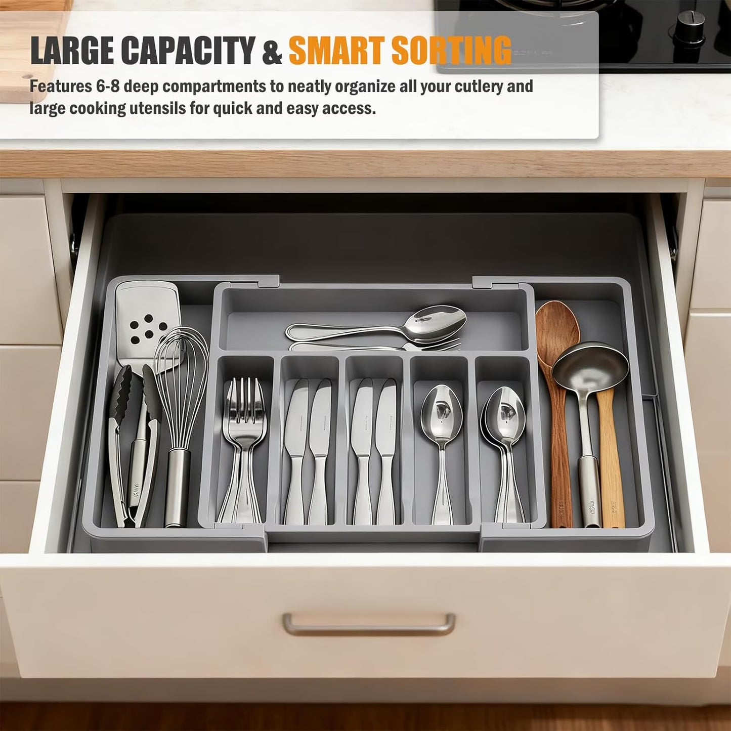 Expandable Silverware Organizer for Drawer, Adjustable Utensil Tray with 2 Removable Blocks, 6-8 Slot Cutlery Organizer for Spoons, Forks & Knives, Large Capacity, Gray