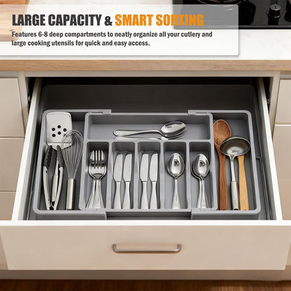 Expandable Silverware Organizer for Drawer, Adjustable Utensil Tray with 2 Removable Blocks, 6-8 Slot Cutlery Organizer for Spoons, Forks & Knives, Large Capacity, Gray