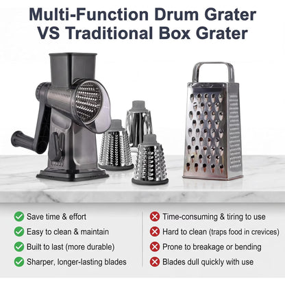 Rotary Cheese Grater with Hand Crank, Cheese Shredder with 3 Stainless Steel Blades for Cheese, Vegetables & Nuts, Non-Slip Suction Base, Easy & Effortless Grating