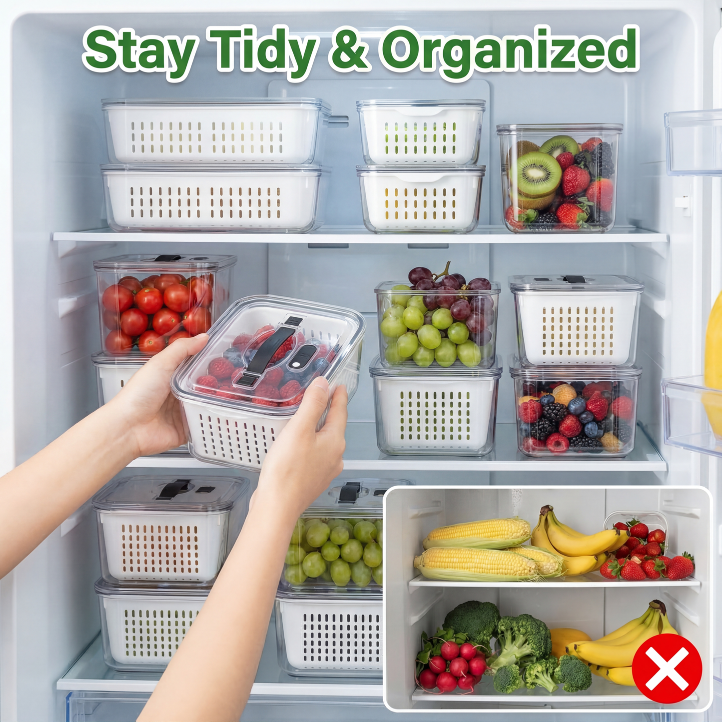 5 PCS Fruit Storage Containers for Fridge with Handle, Leakproof Produce Containers for Fridge with Removable Colander, All-In-One Fruit Containers Stainers Berry, Fruits, Vegetables, Salad, Lettuce Keeper