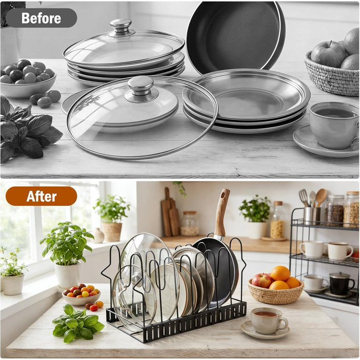 Expandable Pot Lid Organizer for Cabinet, 12"-23" Adjustable Pots & Pans Lid Rack with 8 Dividers, Under Cabinet Storage for Bakeware, Cutting Boards & Lids, Black