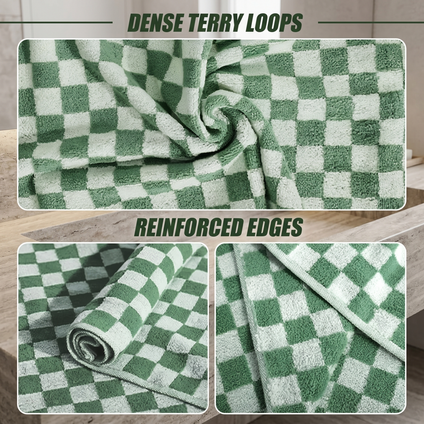 2-Pack Checkered Cotton Bath Towels in Green — 27.5×55 Inch Large Shower Towels for Bathroom & Beach, Quick-Drying Terry Weave