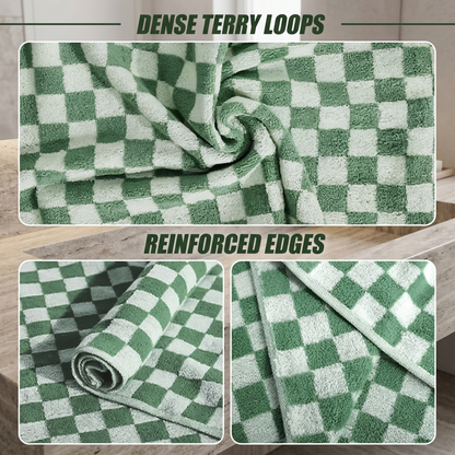 2-Pack Checkered Cotton Bath Towels in Green — 27.5×55 Inch Large Shower Towels for Bathroom & Beach, Quick-Drying Terry Weave