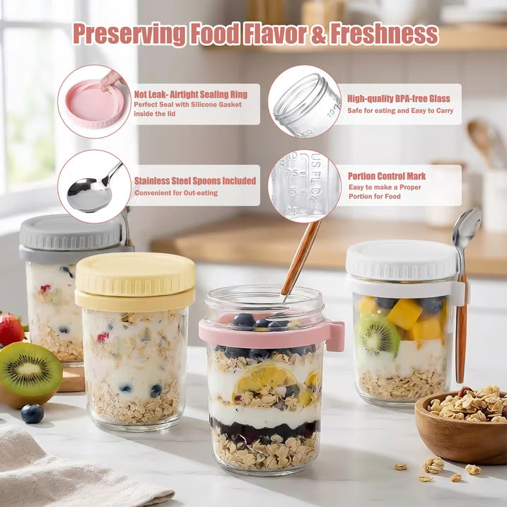 4 Pack 12oz Overnight Oats Containers with Lids and Spoons, Glass Oatmeal Containers, Mason Jars with Airtight Lids, Meal Prep Food Storage Container for Yogurt, Oatmeal
