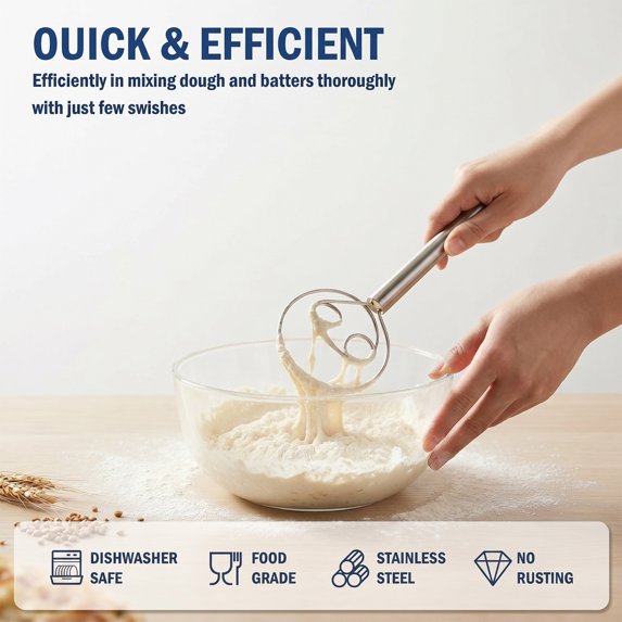 13-Inch Danish Dough Whisk – Stainless Steel Hook for Sourdough, Bread, Pizza, Pastry & Cake Batter
