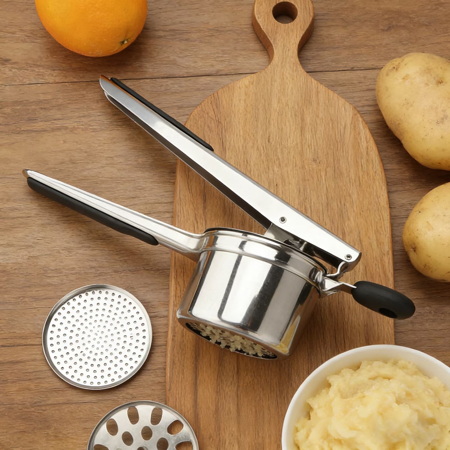 LYLHZRMDGC 15oz Stainless Steel Potato Ricer – Heavy Duty with 4 Interchangeable Discs, Ergonomic Handle