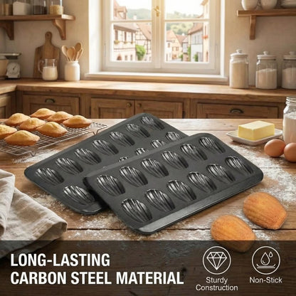 2 Packs Nonstick Madeleine Pan Set, 15.75 x 9.76 inch Madeline Pans for Baking, 12-Well Carbon Steel Shell Shape Madeleines Pan, Heavy-Duty Madeleine Pan for Tea Cakes, Cookies & Desserts