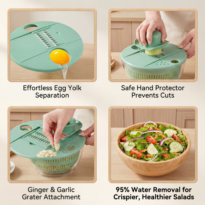 Large Salad Spinner and Slicer, 5.3 Qt 3-in-1 Vegetable Fruit Wash Bowl, Lettuce Washer with 5-Blade Slicer & Egg Yolk Strainer for Fast Salad Prep (Green)