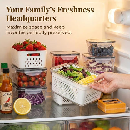 7 PCS Fruit Storage Containers for Fridge,Leakproof Produce Containers for Fridge with Removable Colander,All-in-One Fruit Container Strainers for Berries,Fruits,Vegetables