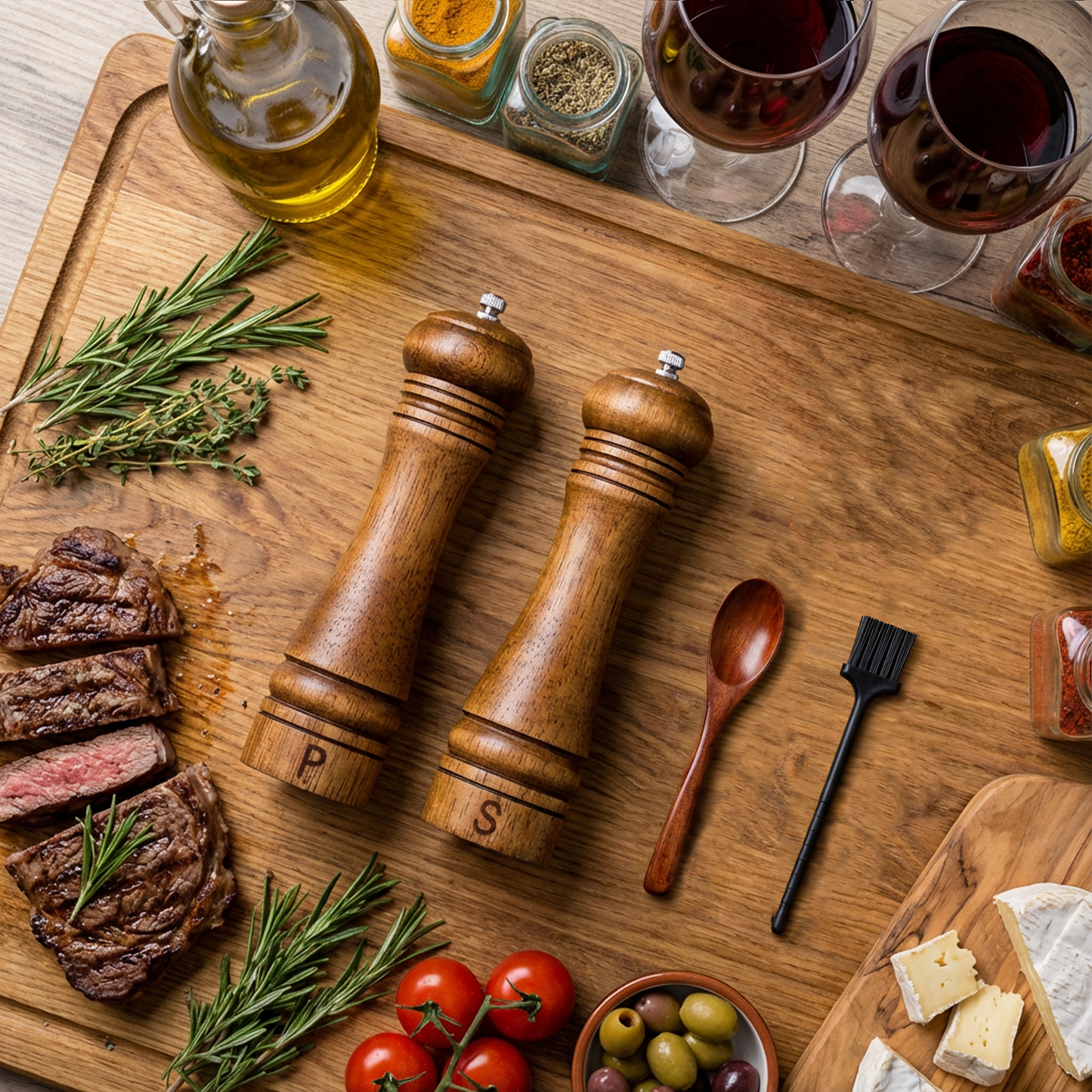 Wooden Salt and Pepper Grinder Set, Refillable Salt & Pepper Mill with Tray & Spoons, Adjustable Rubber Wood Salt & Pepper Shakers Holder with Ceramic Grinder