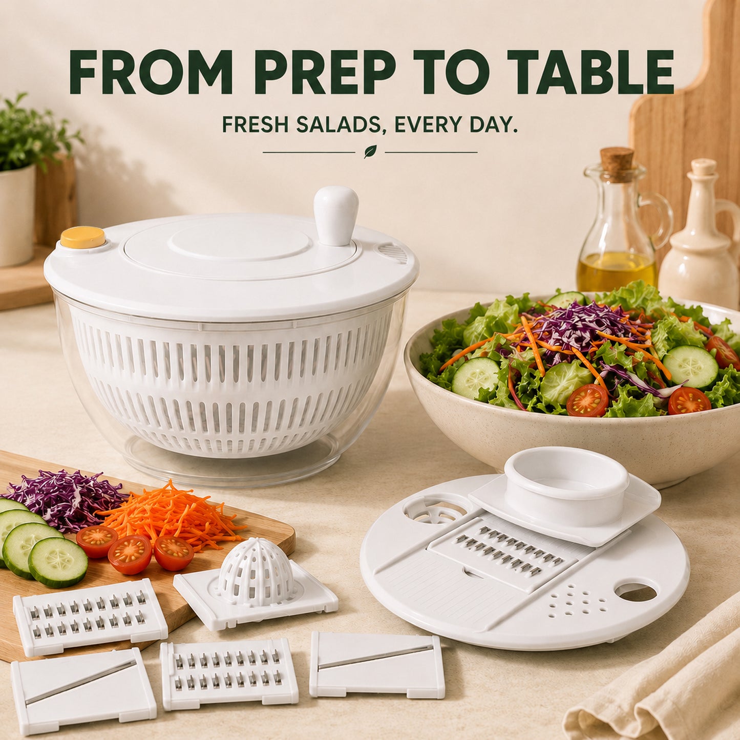 Large Salad Spinner and Slicer, 5.3 Qt 3-in-1 Vegetable Fruit Wash Bowl, Lettuce Washer with 5-Blade Slicer & Egg Yolk Strainer for Fast Salad Prep (White)