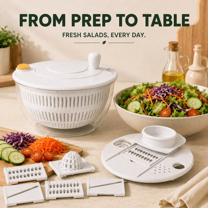 Large Salad Spinner and Slicer, 5.3 Qt 3-in-1 Vegetable Fruit Wash Bowl, Lettuce Washer with 5-Blade Slicer & Egg Yolk Strainer for Fast Salad Prep (White)