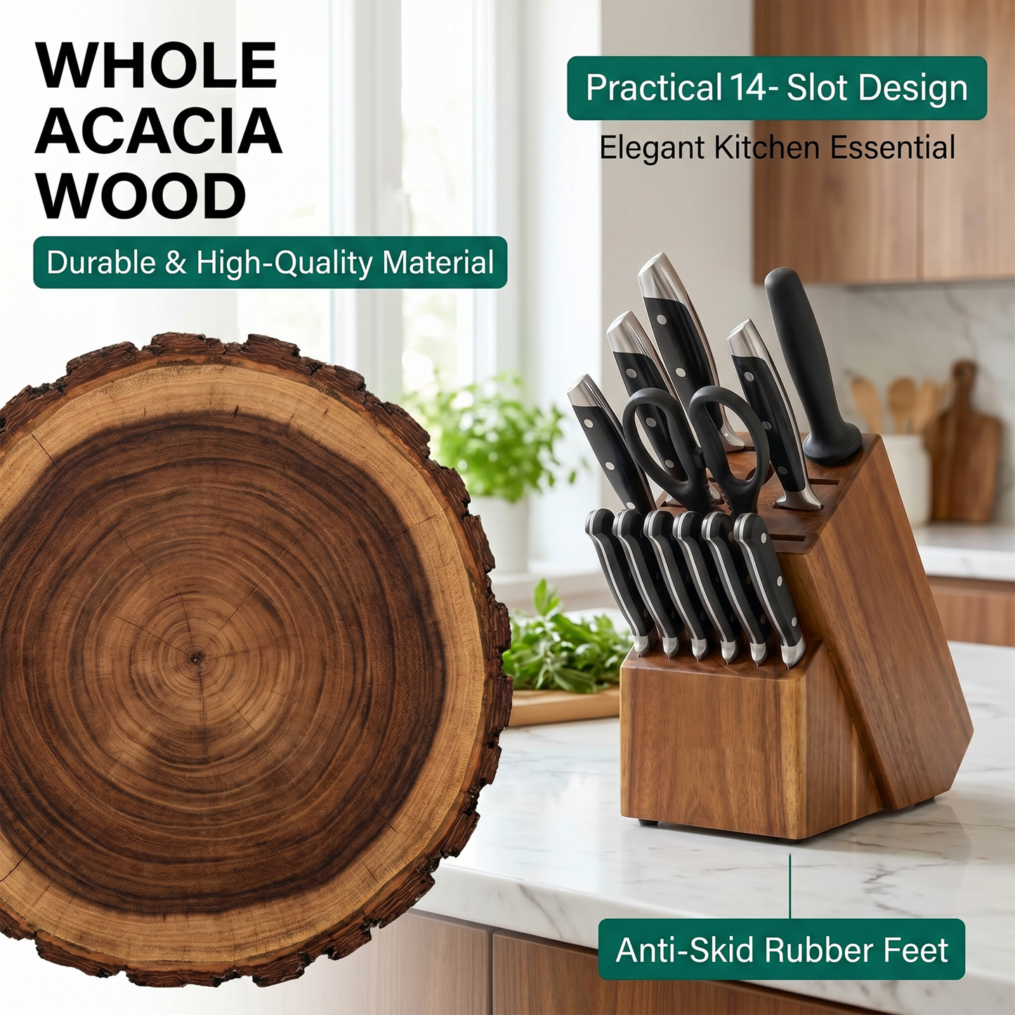 Universal Knife Block Without Knives - 14 Slots Large Bamboo Knife Holder, kitchen knife block for Knife Storage Organizer (Brown)