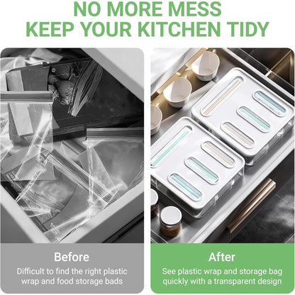 4-in-1 Food Storage Bag Organizer for Drawer or Wall, Holds Gallon, Quart, Sandwich & Snack Bags, Space Saving Plastic Baggie Holder, Easy Access Kitchen Organizer
