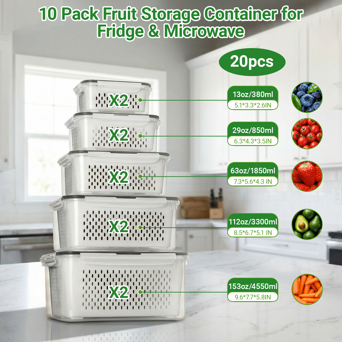 5 PCS Fruit Storage Containers for Fridge with Handle, Leakproof Produce Containers for Fridge with Removable Colander, All-In-One Fruit Containers Stainers Berry, Fruits, Vegetables, Salad, Lettuce Keeper