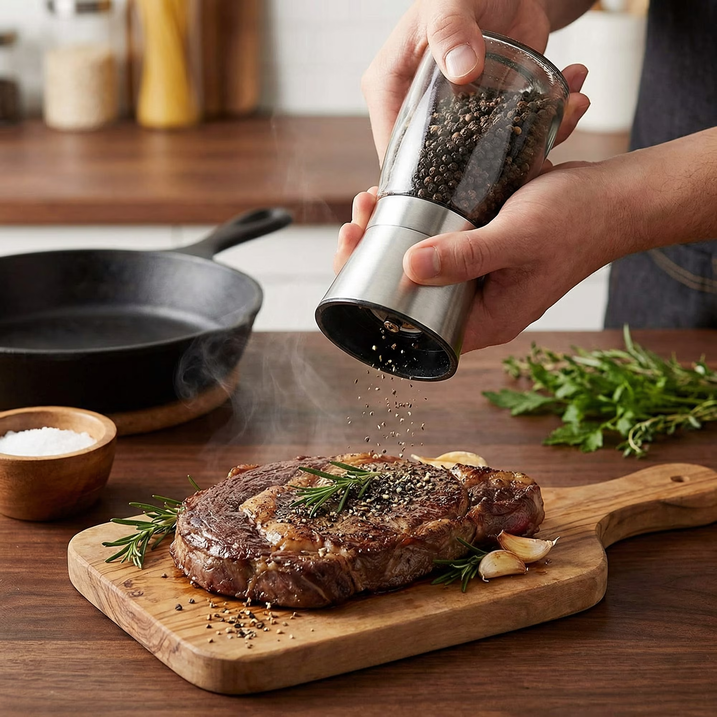 Salt and Pepper Mill Set 2PCS, Stainless Steel Top, Ceramic Grinder, Clear Glass, Easy Refill with Funnel