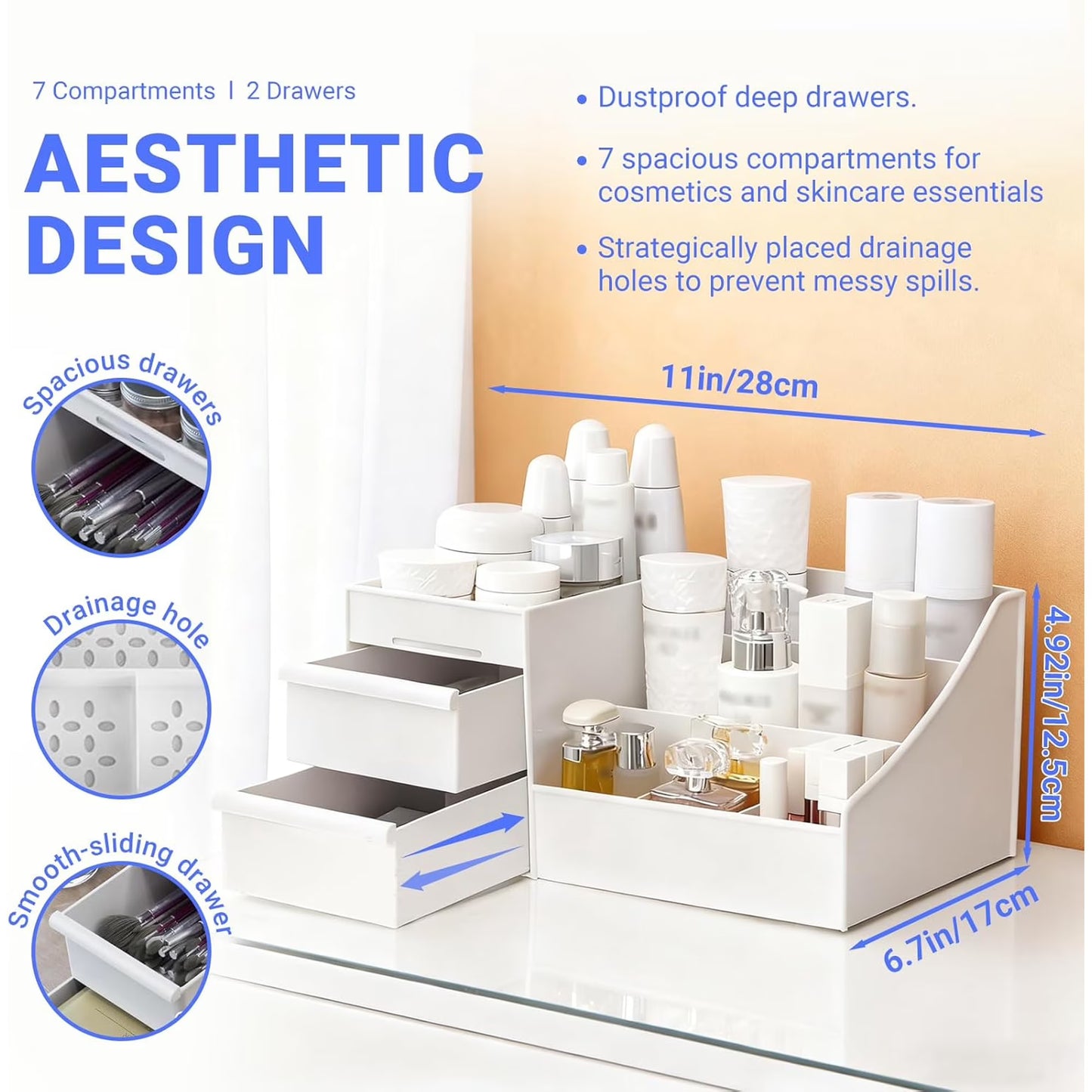 1 Pack Makeup Organizer with Drawers, Large Capacity Cosmetic Storage for Vanity, Dresser, or Bathroom Countertop, Organizer for Skincare, Lipstick, Palettes & Accessories