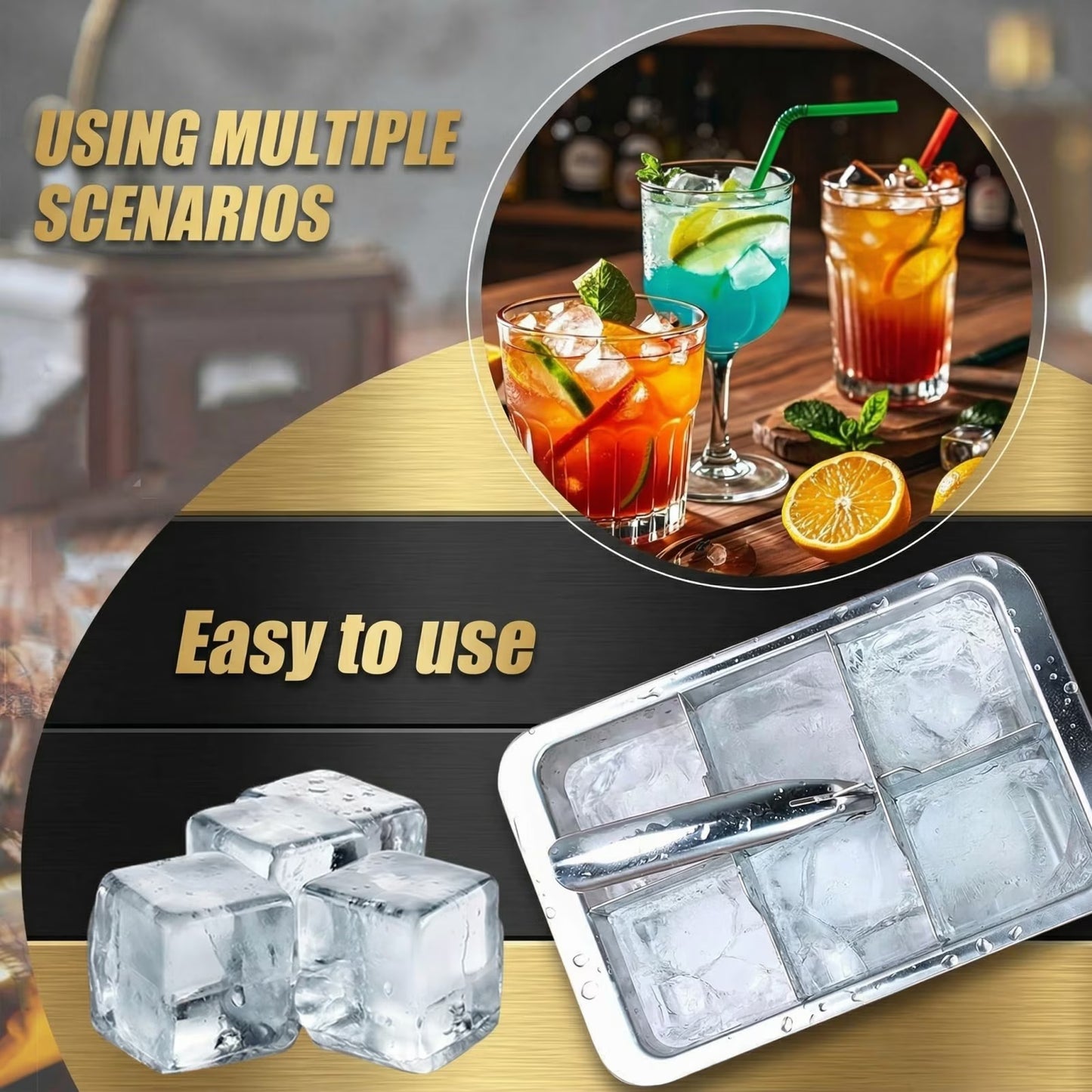 6-Slot Large Ice Cube Tray with Easy-Lift Handle - 18/8 Stainless Steel Giant Ice Mold for Whiskey & Craft Cocktails, 2.16" Slow-Melting