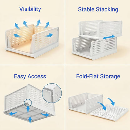 5 Packs Stackable Closet Organizer Bins, Foldable Plastic Storage Baskets, Waterproof Storage Containers for Drawer, Wardrobe, Bathroom, Living Room & Office, Space Saving Design