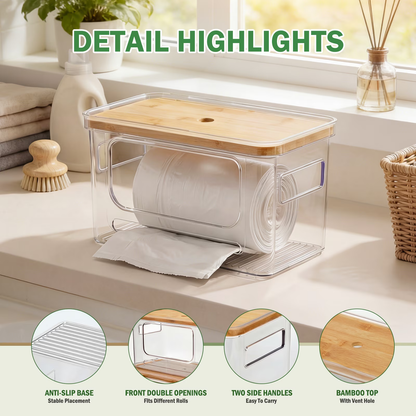 Trash Bag Dispenser, Bamboo Top Stackable Design, Extra Large Garbage Bag Holder & Storage Solution for Kitchen, Pantry and Laundry Room