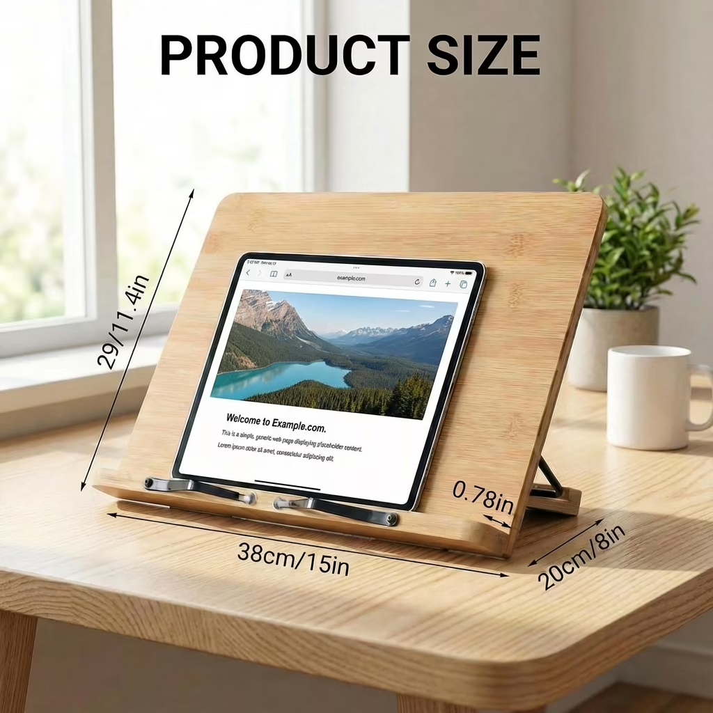 Large Bamboo Book Stand, 11'' x 15'' Portable Stable Adjustable Height Reading Book Holder for Cookbook, Sheet Music, Bible, Textbook and Tablet
