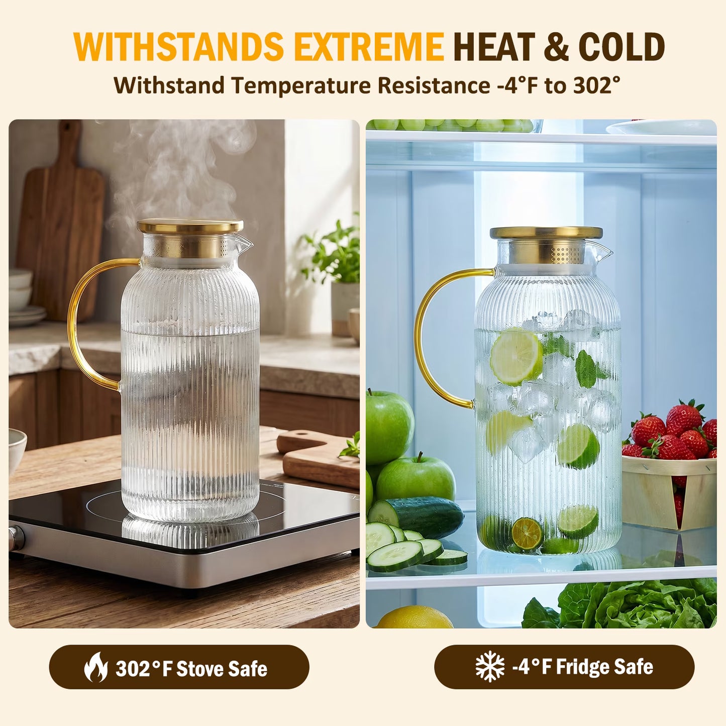 2 Pack Glass Water Pitcher with Lid, 68 oz (2 Liter) Borosilicate Glass Pitcher with Spout, Large Glass Iced Tea Pitcher with Lid, Beverage Carafe for Water, Juice, Cold Brew