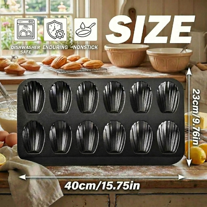 2 Packs Nonstick Madeleine Pan Set, 15.75 x 9.76 inch Madeline Pans for Baking, 12-Well Carbon Steel Shell Shape Madeleines Pan, Heavy-Duty Madeleine Pan for Tea Cakes, Cookies & Desserts
