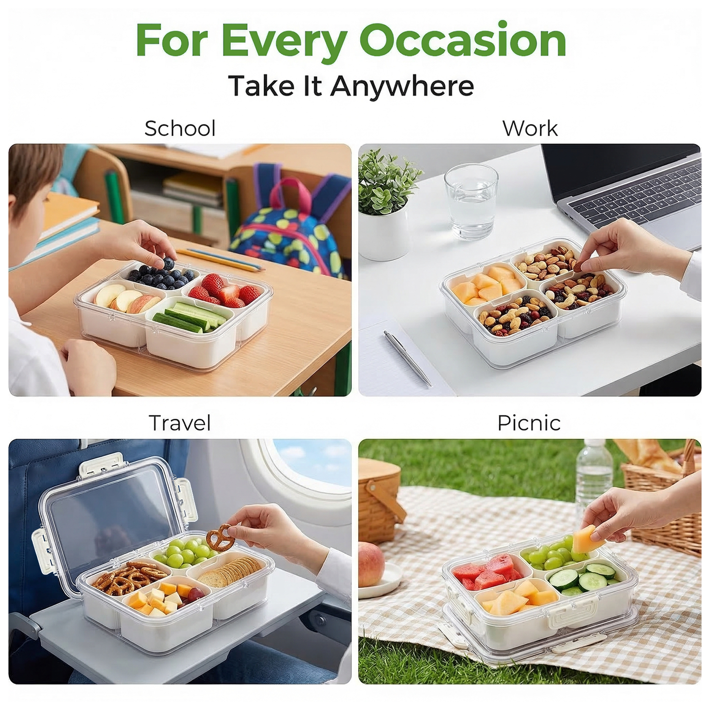 4 Compartment Snack Containers, Divided Serving Tray with Lid, Portable Snack Box Container for Candy, Fruit and Snacks, Snack Tray with Lid for Party, Picnic and Travel