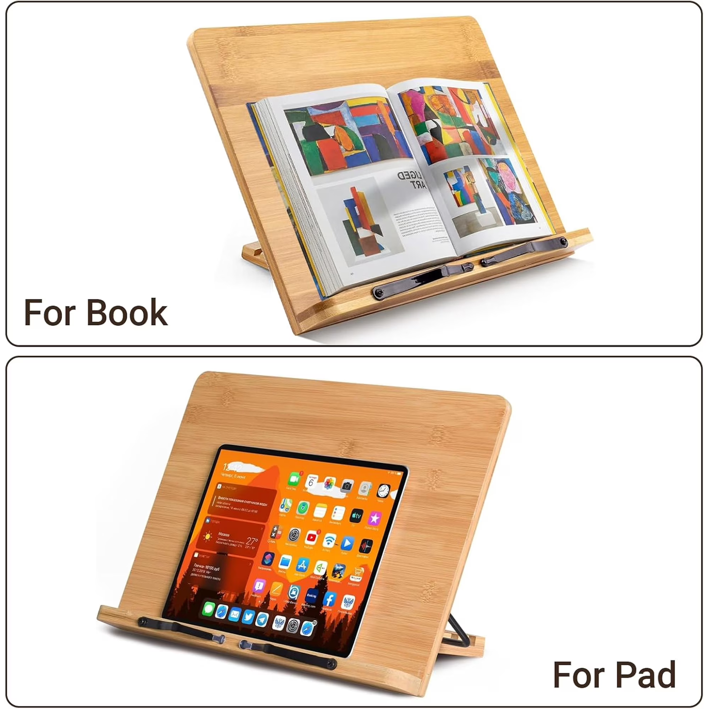 Large Bamboo Book Stand, 11'' x 15'' Portable Stable Adjustable Height Reading Book Holder for Cookbook, Sheet Music, Bible, Textbook and Tablet