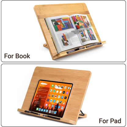 Large Bamboo Book Stand, 11'' x 15'' Portable Stable Adjustable Height Reading Book Holder for Cookbook, Sheet Music, Bible, Textbook and Tablet