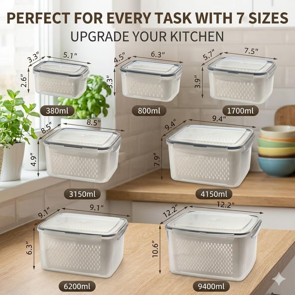 7 PCS Fruit Storage Containers for Fridge,Leakproof Produce Containers for Fridge with Removable Colander,All-in-One Fruit Container Strainers for Berries,Fruits,Vegetables
