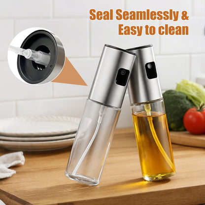2 Pack Oil Sprayer for Cooking, Upgraded Refillable Olive Oil Spray Bottle Mister with Brush for Air Fryer Oil Vinegar Portable Glass Kitchen Gadget for BBQ, Salad, Roasting