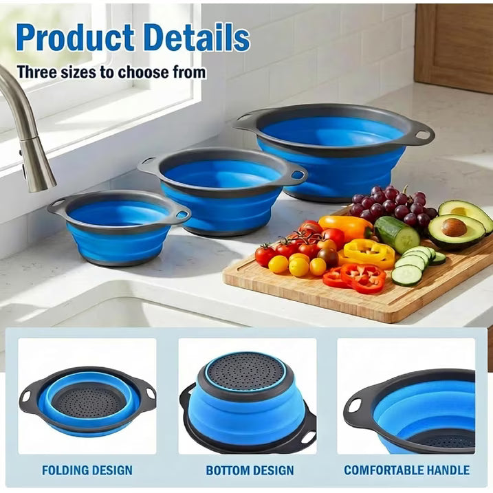 3 Pack Collapsible Colander Set, Silicone Kitchen Strainers for Pasta, Vegetables & Fruit, Space Saving Folding Colanders, Durable & Dishwasher Safe