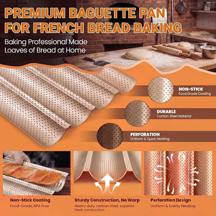 2 Pack Baguette Baking Pan, 4 Loaf Perforated Nonstick French Bread Pan with Proofing Cloth, for Sourdough & Italian Bread, Crisp Crust Bakeware, 15" x 13"