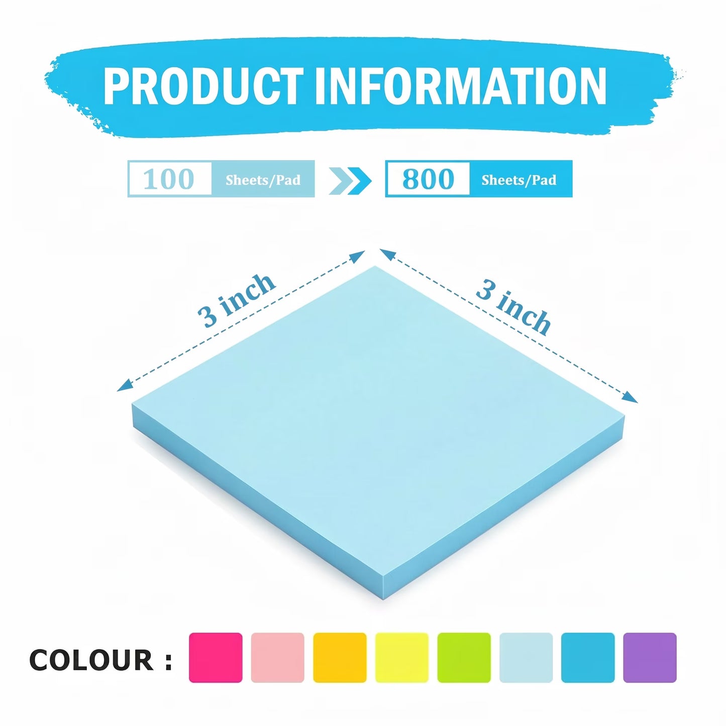 Sticky Notes 3x3, 8 Colors Self-Stick Notes, Removable Adhesive Memo Pads, Practical Desk Supplies for Home and Office, 100 Pads Per Pack