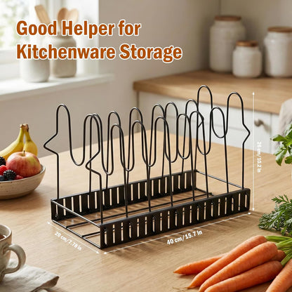 Expandable Pot Lid Organizer for Cabinet, 12"-23" Adjustable Pots & Pans Lid Rack with 8 Dividers, Under Cabinet Storage for Bakeware, Cutting Boards & Lids, Black