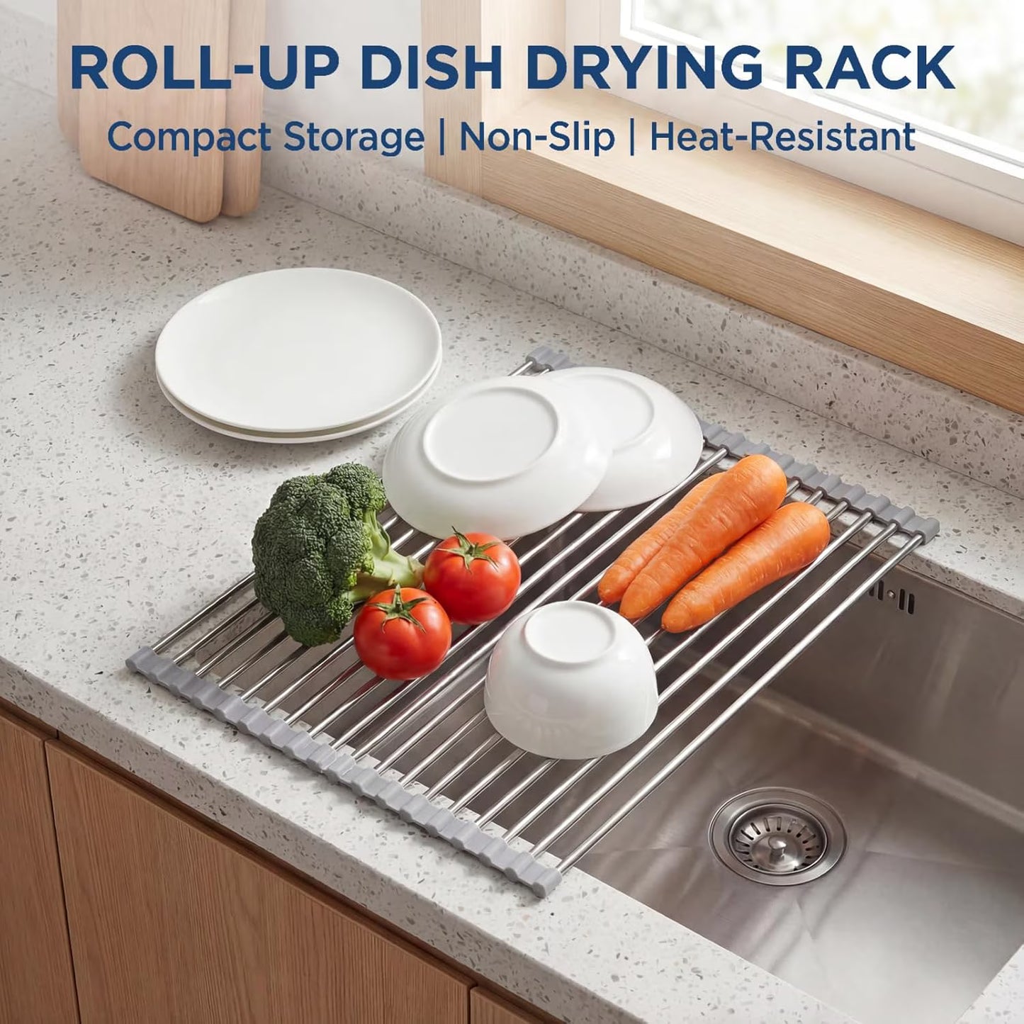 1 Pack 18.5" x 15.7" Roll-Up Dish Drying Rack, Over-Sink Foldable Kitchen Sink Rack, Anti-Slip Multipurpose Stainless Steel Drying Rack for Plates, Pots & Utensils, Gray