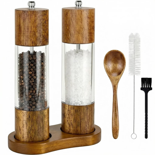 2 Piece Wood Salt Pepper Grinder Set 8 Inch Manual Refillable, Adjustable Ceramic Grinding Core with Serving Tray for Kitchen