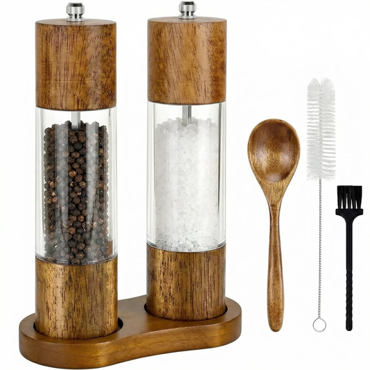 2 Piece Wood Salt Pepper Grinder Set 8 Inch Manual Refillable, Adjustable Ceramic Grinding Core with Serving Tray for Kitchen