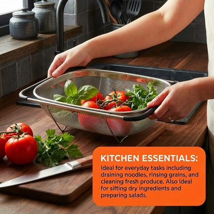 6 Quarts Fine Mesh Stainless Steel Colander, Over The Sink Colander, stainless steel colander strainer with Expandable Rubber Grip Handle, vegetable washing basket for Strain, Drain, Rinse